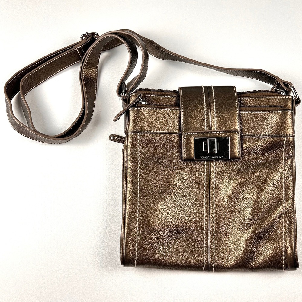 Tignanello Crossbody Bag Womens Medium Bronze Metallic Leather Organizer